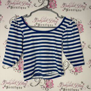 J.s fashions cropped top striped white blue rutched puff shoulders vintage cute